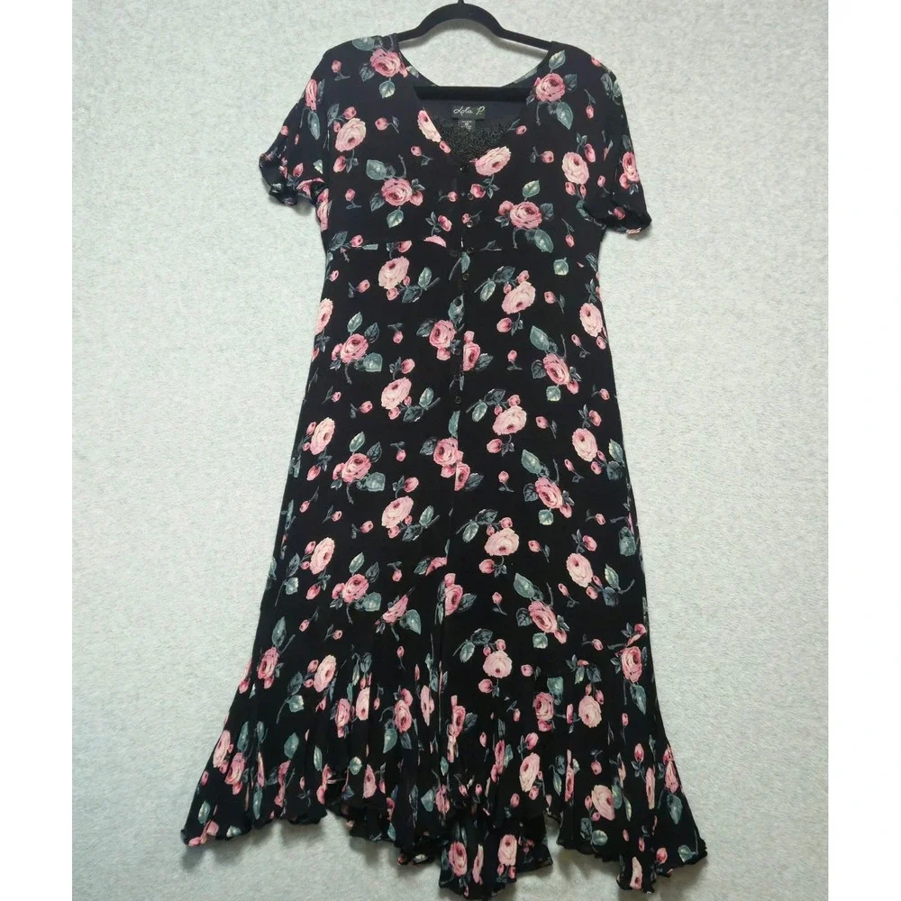 LOLA P Womens Midi Dress Medium Black Pink Floral Ruffle Hem 90s Y2K Cottagecore